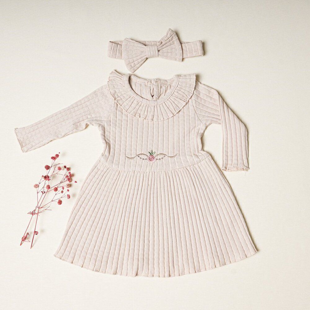 Organic Cotton Baby Girl Knit Ribbed Dress Outfit, Soft light Flower Clo…